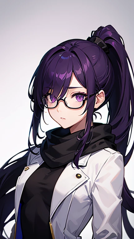 (Super detailed:1.3), ((((best quality)))), ((masterpiece)), (alone), female focus, solo, ((black hair)), (glowing eyes:1.2), (((hair over right eye:1.5))), glasses, long hair, (hair over one eye), ((white jacket:1.1)), partially unbuttoned, ((purple scarf)), ((small breasts)), square rim glasses, fingerless gloves, ((purple streak in hair)), (denim jean pants), (asian skin:1.4), ((purple eyes)), hotify, prettify, stunning beauty, powerful glow, no background, ((cocky expression:1.4)), ((fantasy:1.4)), ((ponytail:1.3)), long bangs, hands behind head, black shirt