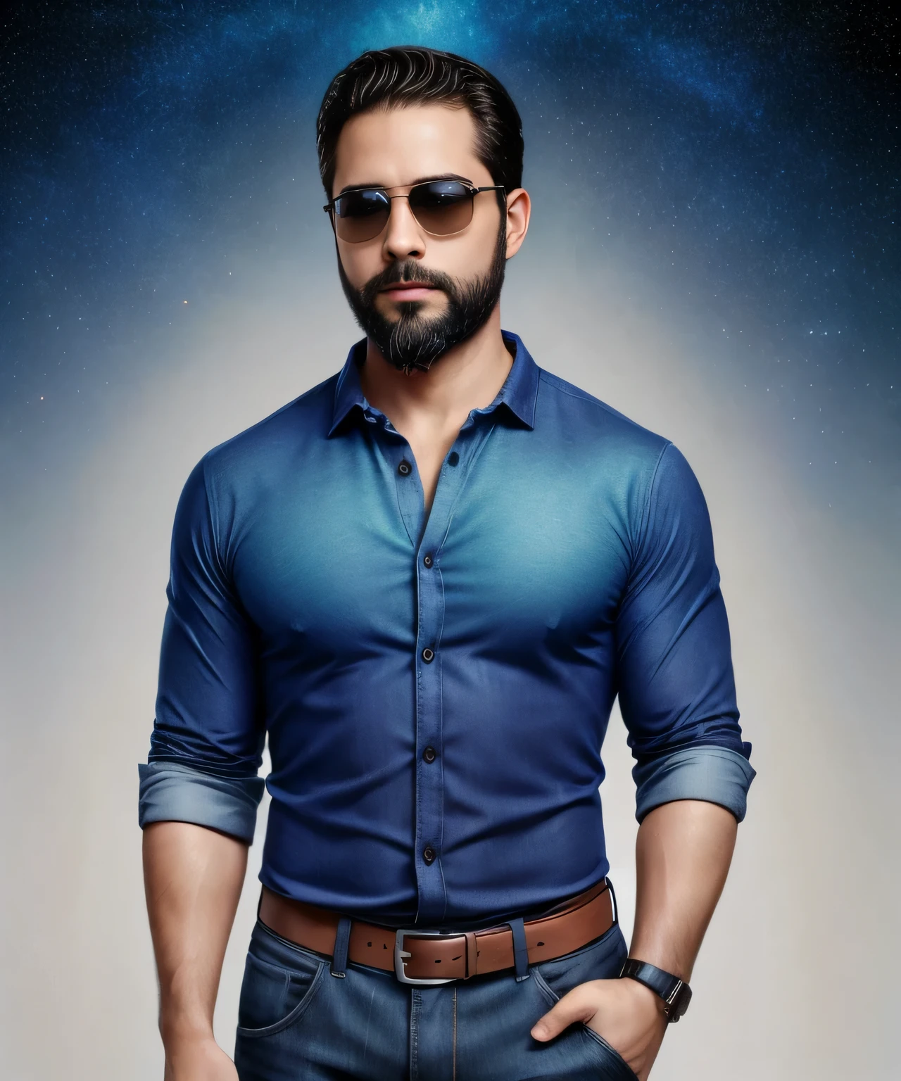 Obra maestra, desenfoque de campo, Parte superior del cuerpo, Hands in pants pockets, 38 year old man with beard and square sunglasses. Man wearing a shirt with a color gradient in the space movie with a solar  explosion in the background.