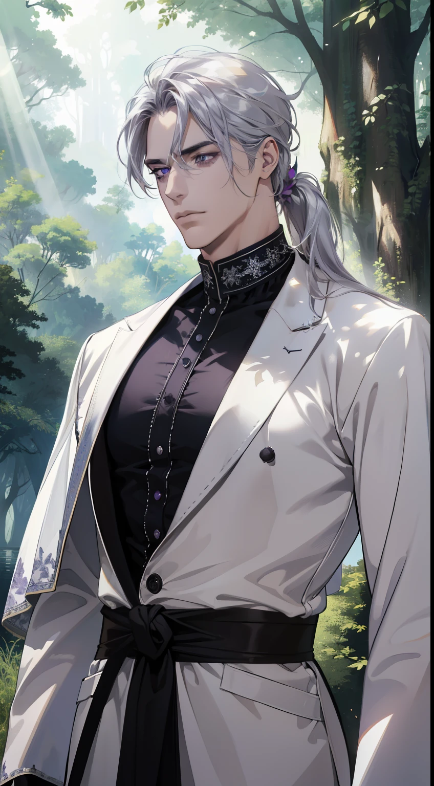 (absurdres, highres, ultra detailed)masterpiece, best quality, 1 male, adult, handsome, tall muscular guy, broad shoulders, finely detailed eyes, low ponytail silver hair, purple eyes, white robe, forest, trees full of greenery, fluttering leaves, pond, natural light and shadow, There are shiny particles flying around the man, fantastic, fairy tale, mysterious, shining sparkle, (dutch angle), closed mouth, dynamic light and shadow