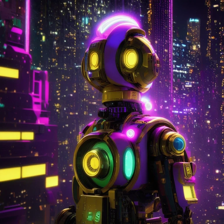 （（（Side view）））side close-up，a close up of a robot with a glowing head and a purple background, cyber mech, in style of beeple, cyberpunk pikachu, style hybrid mix of beeple, 3 d render beeple, cute elaborate epic robot, beeple masterpiece, cyberpunk art style, yellow mech, beeple!!, cyber steampunk 8 k 3 d（（（future）））（Telephoto angle of view）（Tilt-Shift）