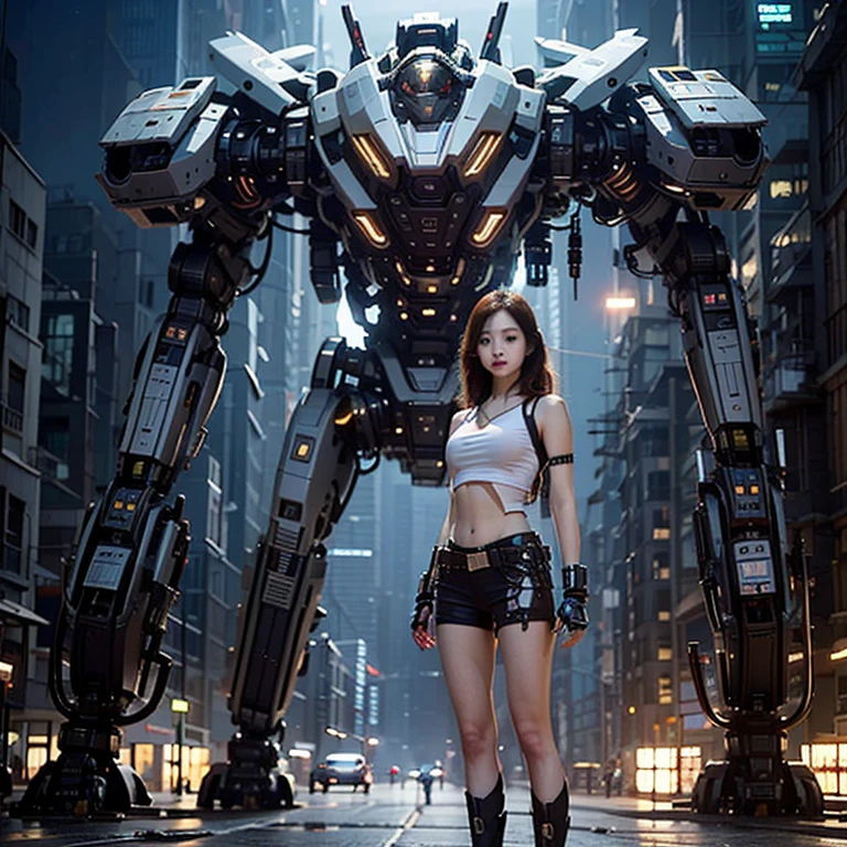 ((masterpiece, Best quality)),illustration,ultra-detailed 8k,Photorealistic,sharp focus,very detailed,professional lighting,Colorful details,iridescent colors BREAK extreme wide shot of the factory,large mechanical robot design,Micro chip,computer,luminous,complex parts,shitu-fur,1 girl stands in front of the audience,navel