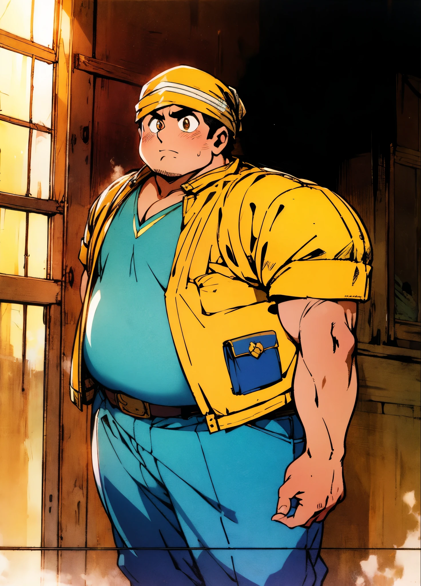 A man with short hair wrapped in a headscarf, side-parted bangs, determined large eyes, chubby cheeks, extremely robust physique, brown skin, dressed in an open fantasy-style shirt jacket with a V-neck undershirt, short sleeves, the jacket features small pockets, a cloth belt wraps around his waist, linen trousers, he stands sweating in the intense sunlight of a fantasy-style marketplace, this character embodies a finely crafted fantasy-style obese merchant in anime style, exquisite and mature manga art style, high definition, best quality, highres, ultra-detailed, ultra-fine painting, extremely delicate, professional, perfect body proportions, golden ratio, anatomically correct, symmetrical face, extremely detailed eyes and face, high quality eyes, creativity, RAW photo, UHD, 32k, Natural light, cinematic lighting, masterpiece-anatomy-perfect, masterpiece:1.5