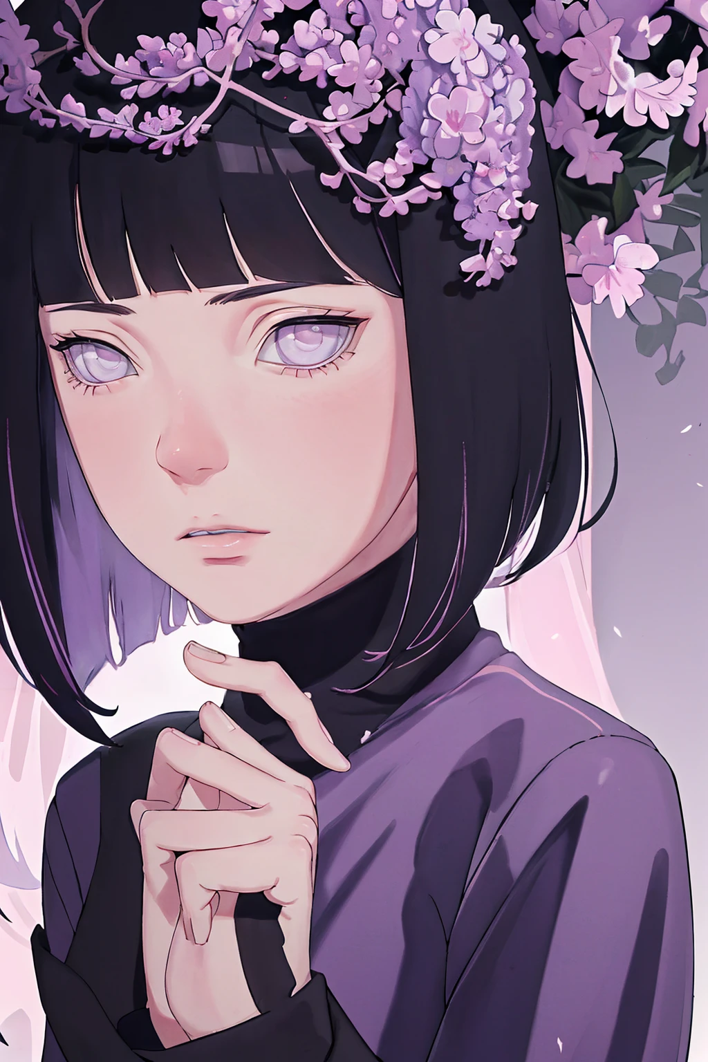 { - anatomy error} (Masterpiece - Ultra-detailed, very high resolution) (huge titusty, masterpiece, absurdres, hinata\(boruto\), 1girl, solo,mature female, lilac turtleneck blouse, black pant, perfect composition, detailed lips, big breast, beautiful face, body propotion, blush, (pink lips), short hair, (black hair), purple eyes, soft gaze, super realistic, detailed, photoshoot, realistic face and body, closed mouth , lilac eyes, upper body, hidden hands, perfect fingers, inocent face, portrait, , backwards, looking back, dynamic poses
