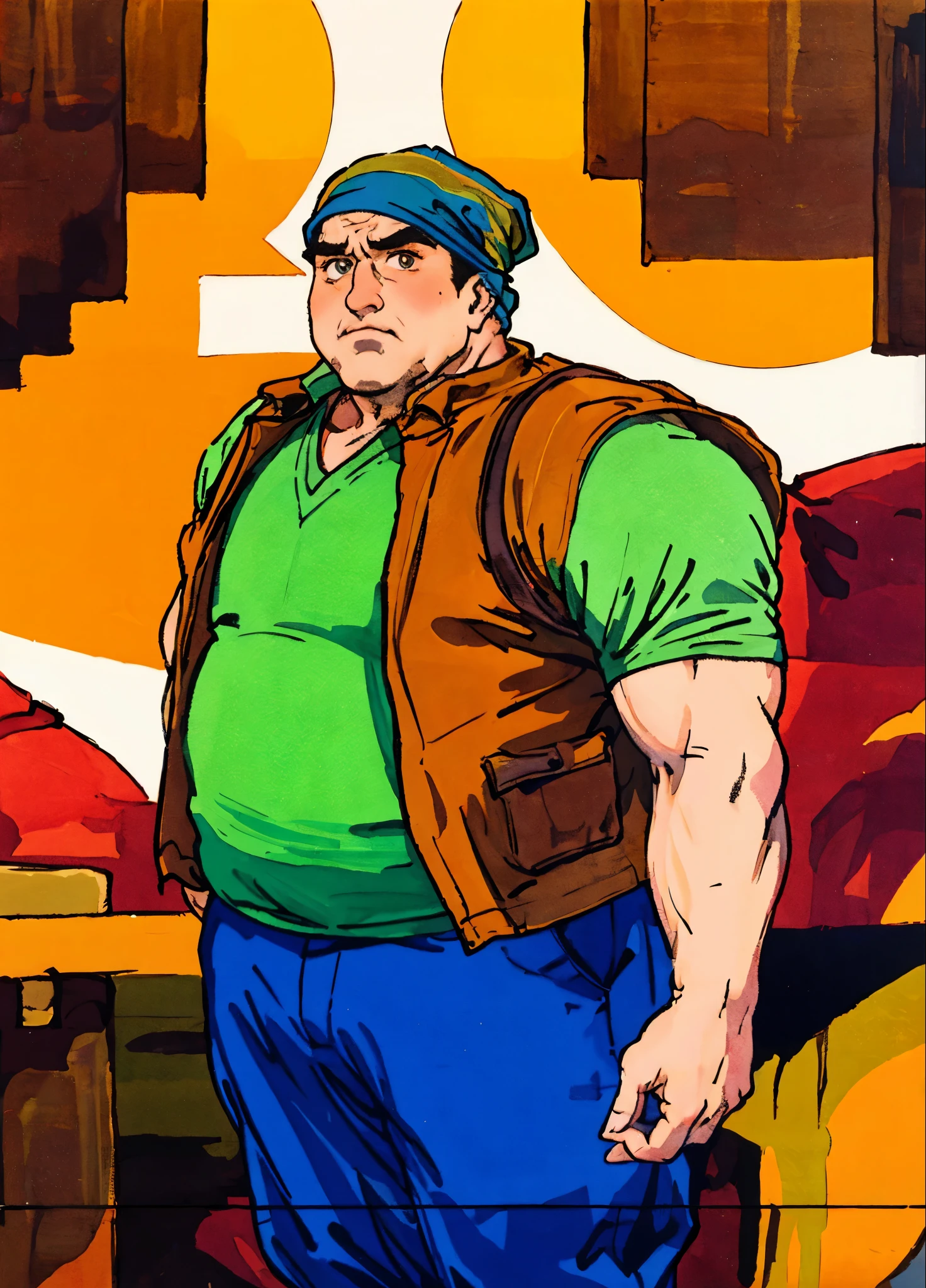 A man with short hair wrapped in a headscarf, side-parted bangs, determined large eyes, chubby cheeks, extremely robust physique, brown skin, dressed in an open fantasy-style shirt jacket with a V-neck undershirt, short sleeves, the jacket features small pockets, a cloth belt wraps around his waist, linen trousers, he stands sweating in the intense sunlight of a fantasy-style marketplace, this character embodies a finely crafted fantasy-style obese merchant in anime style, exquisite and mature manga art style, high definition, best quality, highres, ultra-detailed, ultra-fine painting, extremely delicate, professional, perfect body proportions, golden ratio, anatomically correct, symmetrical face, extremely detailed eyes and face, high quality eyes, creativity, RAW photo, UHD, 32k, Natural light, cinematic lighting, masterpiece-anatomy-perfect, masterpiece:1.5