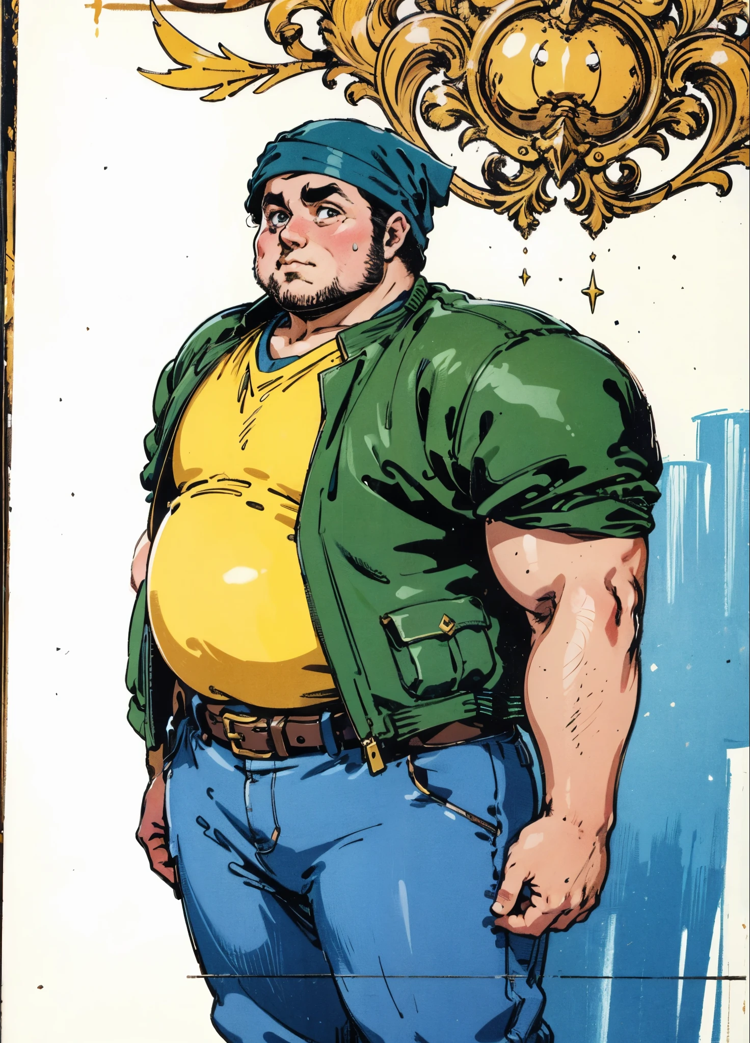A man with short hair wrapped in a headscarf, side-parted bangs, determined large eyes, chubby cheeks, extremely robust physique, brown skin, dressed in an open fantasy-style shirt jacket with a V-neck undershirt, short sleeves, the jacket features small pockets, a cloth belt wraps around his waist, linen trousers, he stands sweating in the intense sunlight of a fantasy-style marketplace, this character embodies a finely crafted fantasy-style obese merchant in anime style, exquisite and mature manga art style, high definition, best quality, highres, ultra-detailed, ultra-fine painting, extremely delicate, professional, perfect body proportions, golden ratio, anatomically correct, symmetrical face, extremely detailed eyes and face, high quality eyes, creativity, RAW photo, UHD, 32k, Natural light, cinematic lighting, masterpiece-anatomy-perfect, masterpiece:1.5