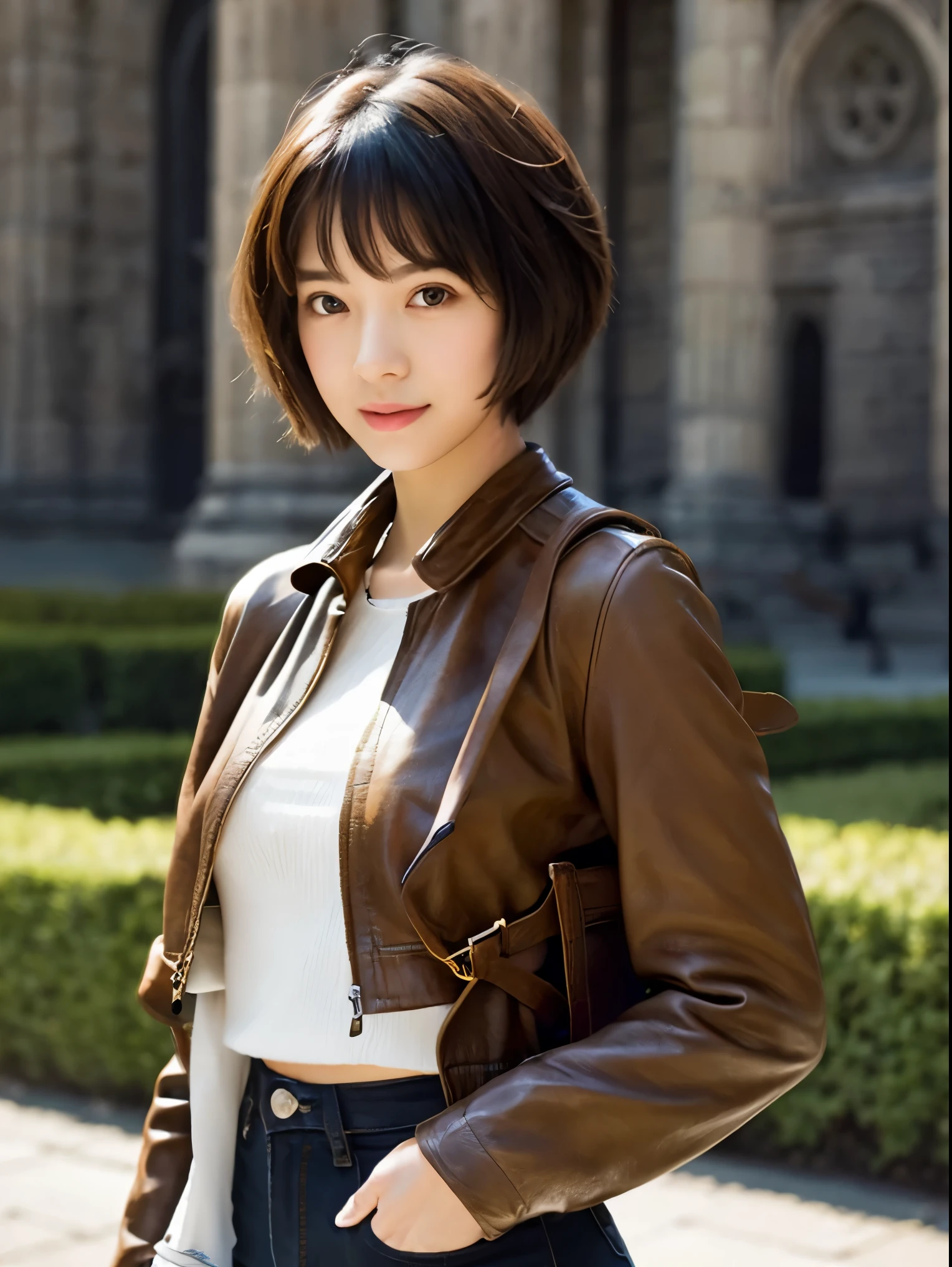 Semi-realistic anime style、((A slim girl with a cute short belly haircut))、wear a miniskirt、wearing a sweater、((Brown leather jacket、Holding a crossbow、good style,medium breasts))、Beautiful and sharp eyes、The hair is smooth and soft、The Cathedral where the Ark is enshrined、Dark and bleak、Staring at the arc of red flames、