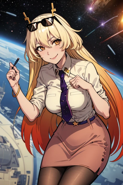 masterpiece, best quality,  sunsensei, gradient hair, sunglasses, eyewear on head, collared shirt, sleeves rolled up, necktie, pencil skirt, belt, pantyhose, bracelet, large breasts, leaning forward, smile, outer space, looking at viewer, upper body