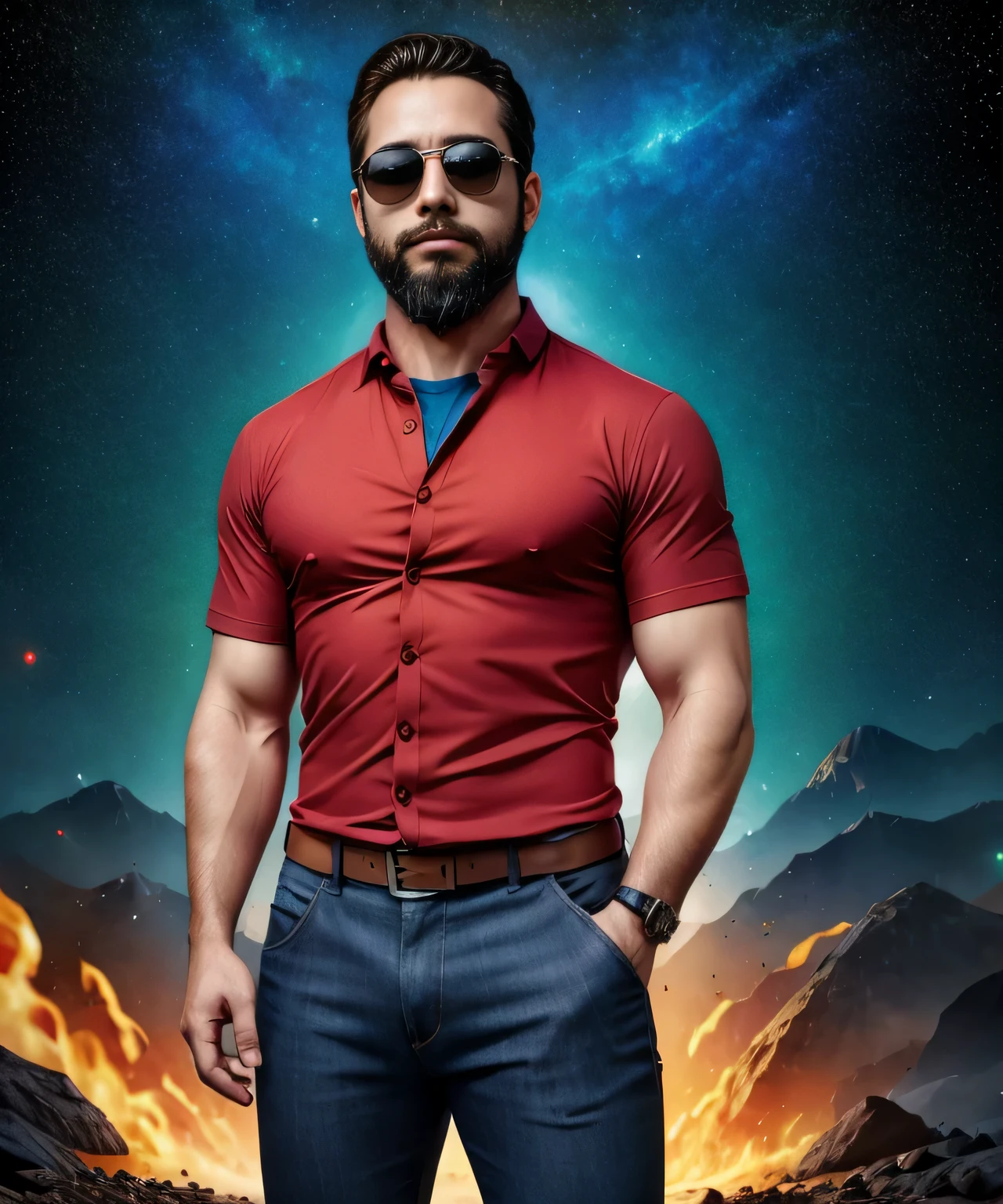 Obra maestra, desenfoque de campo, Parte superior del cuerpo, Hands in pants pockets, 38 year old man with beard and square sunglasses. Man wearing a shirt with a color gradient in the space movie with a solar  explosion in the background.