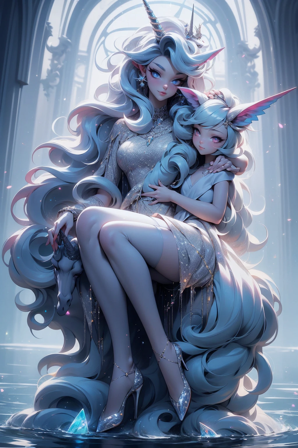 {-erro_de_anatomia:1.0} There is a white unicorn girl, blue mane and long mane, white unicorn, unicorn, unicorn horns, A unicorn, celestia, Nine stories, blue unicorn, soft dreamy, cinematic light《fangs》Unicorn in, mythological creatures, a mythical creature, Pokémon illustration, unicorns, a glaceon princess, white dress, opal eyes. Auroracore, ghostly iridescent, image good for rendering, sitting on the water. unicorn girl, full body, holding a crystal unicorn