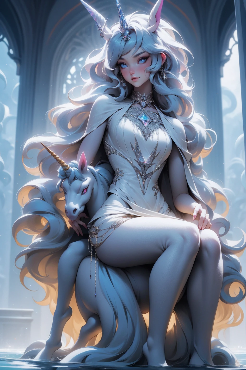 {-erro_de_anatomia:1.0} There is a white unicorn girl, blue mane and long mane, white unicorn, unicorn, unicorn horns, A unicorn, celestia, Nine stories, blue unicorn, soft dreamy, cinematic light《fangs》Unicorn in, mythological creatures, a mythical creature, Pokémon illustration, unicorns, a glaceon princess, white dress, opal eyes. Auroracore, ghostly iridescent, image good for rendering, sitting on the water. unicorn girl, full body, holding a crystal unicorn