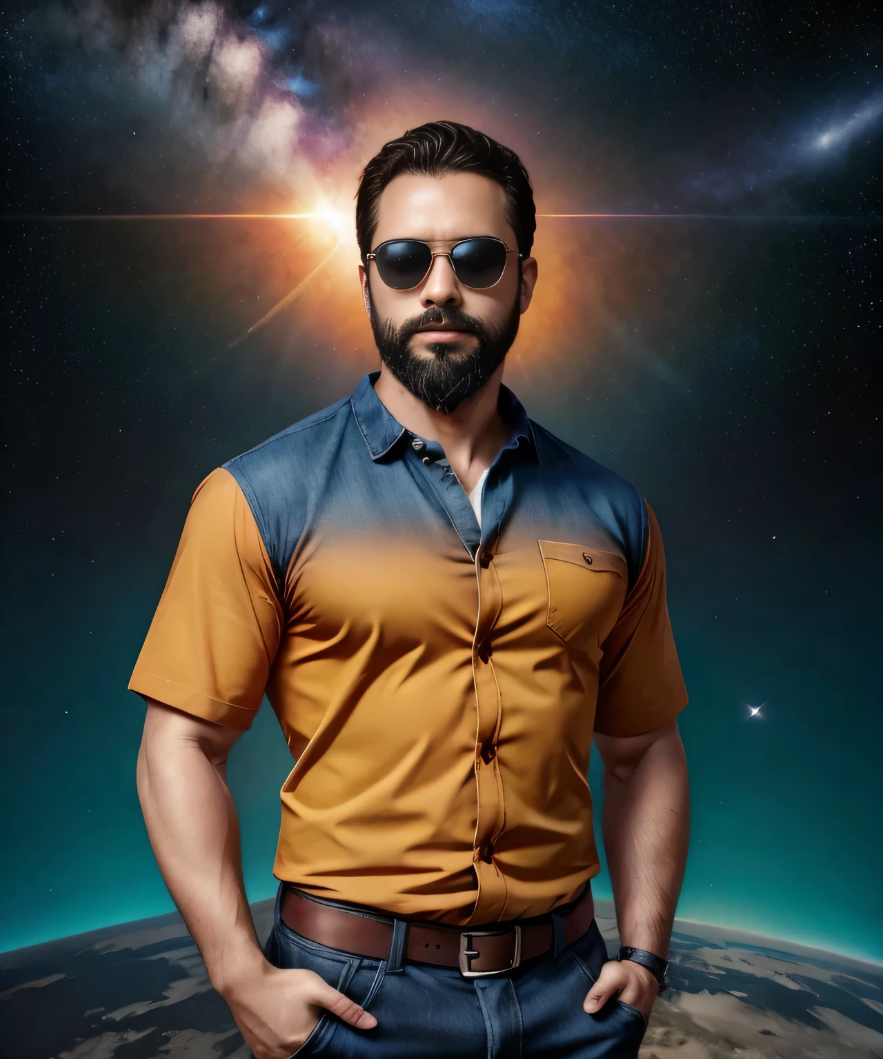 Obra maestra, desenfoque de campo, Parte superior del cuerpo, Hands in pants pockets, 38 year old man with beard and square sunglasses. Man wearing a shirt with a color gradient in the space movie with a solar  explosion in the background.