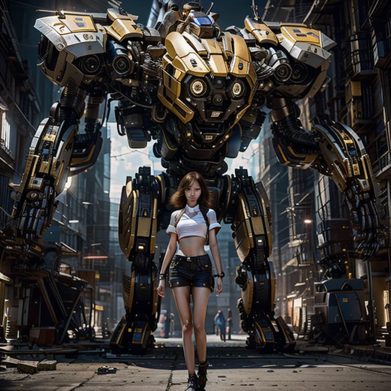 ((masterpiece, Best quality)),illustration,ultra-detailed 8k,Photorealistic,sharp focus,very detailed,professional lighting,Colorful details,iridescent colors BREAK extreme wide shot of the factory,large mechanical robot design,Micro chip,computer,luminous,complex parts,shitu-fur,1 girl stands in front of the audience,navel