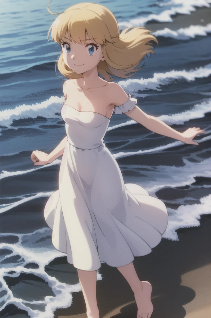pokemovies, sugimori ken, ken sugimori ken \(style\), anime screencap, masterpiece, best quality, highres, outdoors, small breasts, 1 girl, Solo, Blue Eyes, Beautiful Detail Eyes, Blonde Medium Hair, Short Hair, Bangs, Good hands are down, Smile, Blushing, Bare Neck, Bare Shoulders, strapless, White Ruffle Off-the-Shoulder maxi dress. Cowboy shot. A landscape of the beach, blue skies, sand beach, ocean waves. In the center. Walking on the beach with bare feets. Far from the bottom
