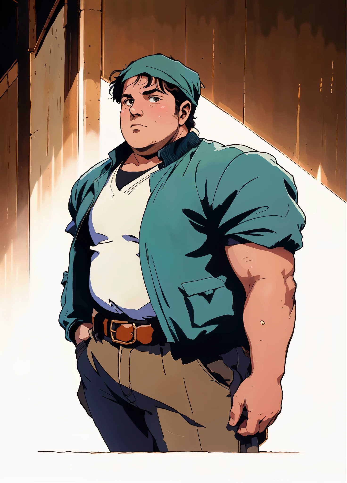 A man with short hair wrapped in a headscarf, side-parted bangs, determined large eyes, chubby cheeks, extremely robust physique, brown skin, dressed in an open fantasy-style shirt jacket with a V-neck undershirt, short sleeves, the jacket features small pockets, a cloth belt wraps around his waist, linen trousers, he stands sweating in the intense sunlight of a fantasy-style marketplace, this character embodies a finely crafted fantasy-style obese merchant in anime style, exquisite and mature manga art style, high definition, best quality, highres, ultra-detailed, ultra-fine painting, extremely delicate, professional, perfect body proportions, golden ratio, anatomically correct, symmetrical face, extremely detailed eyes and face, high quality eyes, creativity, RAW photo, UHD, 32k, Natural light, cinematic lighting, masterpiece-anatomy-perfect, masterpiece:1.5