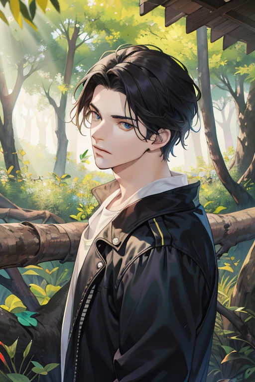 (absurdo, high resolution, ultra detalhado), 1 homem, Sozinho, jovem, rosto alto e musculoso, ombros largos, bonito, angular jaw, thick neck, quebrar, olhando para o espectador, cabelo loiro curto, amber eyes, mangas compridas, floresta nevaa, luz natural e sombra, profundidade de campo, tronco, corvo por cima do ombro, Roupas elegantes, Luvas pretas, frente