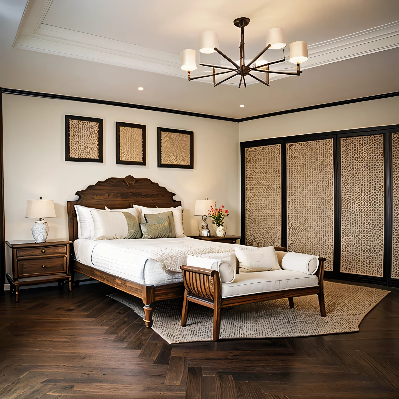 indochine bedroom interior design, a bedroom with bed, lamp, rug, flower vase, pillow, bench, chandelier, herringbone floor, (rustic wood furnitures), picture frame, wall painted picture backside of bed, pillow, book, lamp, day, 8k uhd, dslr, soft lighting, high quality, film grain, Fujifilm XT3