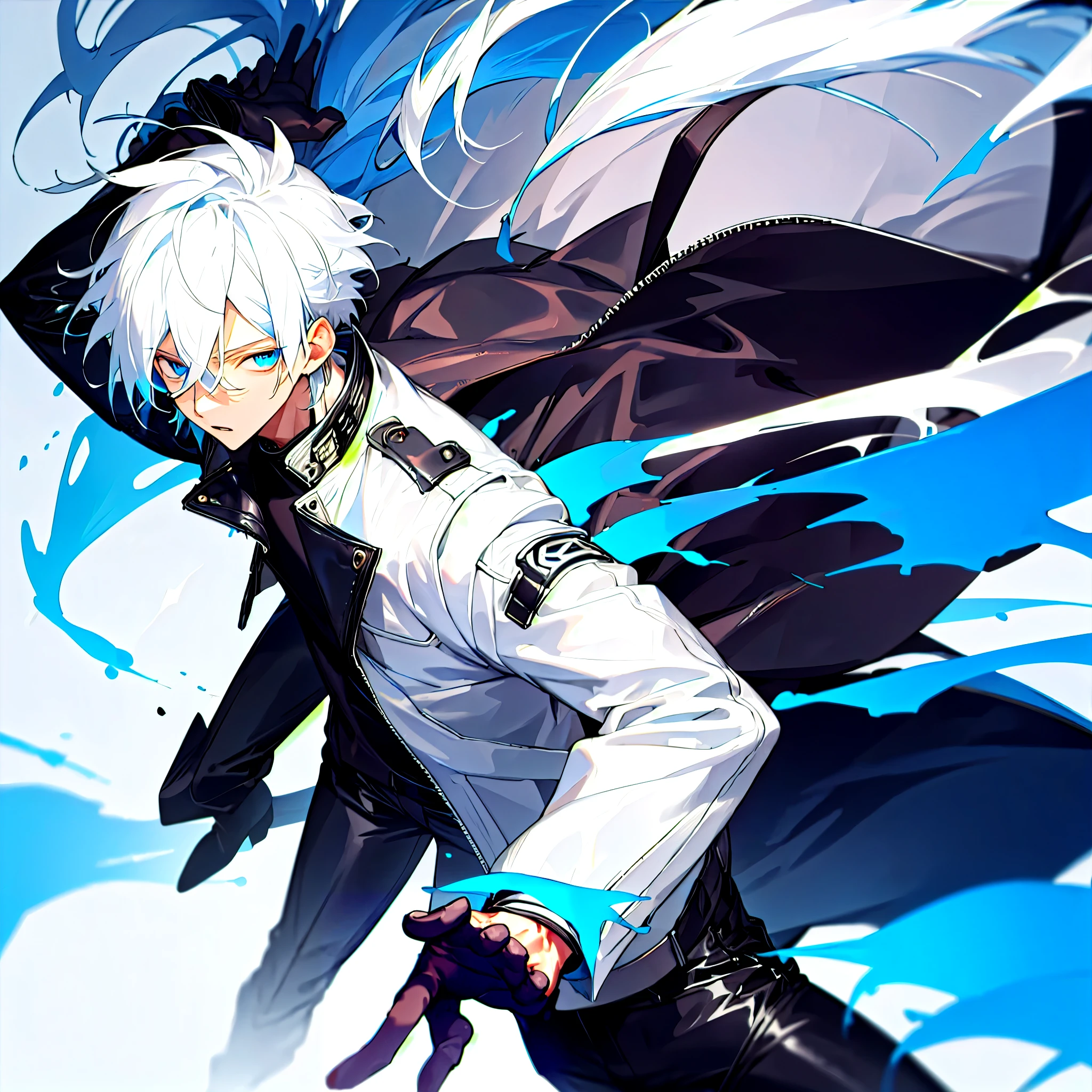 One male, white hair, blue eyes, leather jacket, black pants