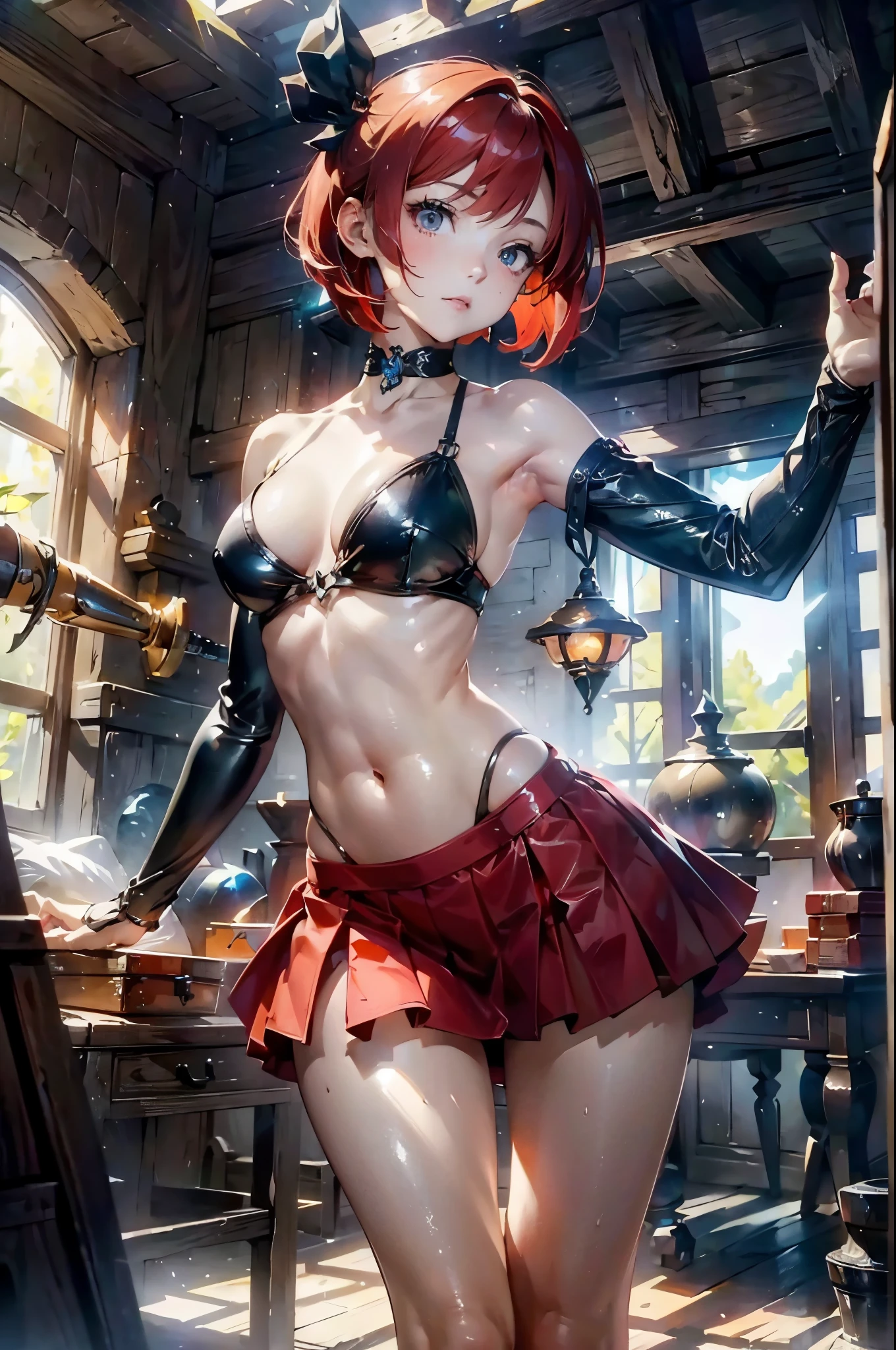 ((perfect anatomy:1.2,actual,:1.3,original photography:1.3,masterpiece、best quality、Ultra - High resolution、High resolution、Highly detailed CG、8K)),National Science Foundation,Cowboy shooting,1 female,alone,20 years old,The Beauty of Japan,Beautiful and delicate face and eyes,Big and beautiful eyes,gray eyes,(Red hair,bob short hair,Bangs), (slender figure,small head:1.4, skinny), glowing skin,oily skin,(fantasy clothing,black tube top,Off the shoulders、navel、Red miniskirt,collar),Action pose、,Holding a rapier、Sword Stance、sword training、fantasy,fantasy world、Tree々、virgin forest、river、medieval europe、natural sunlight、((huge tits))