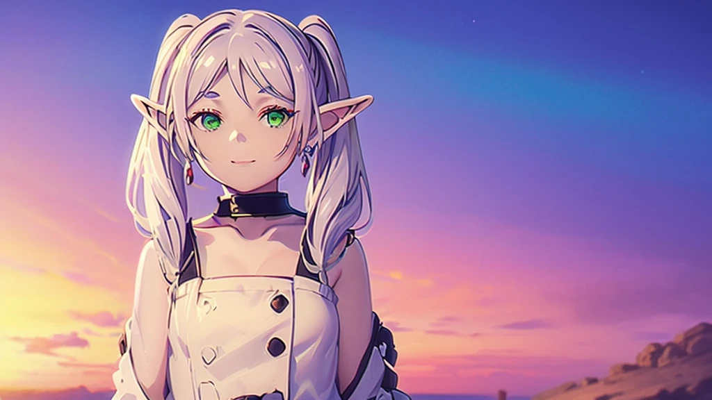 ((highest quality, super detailed woman:1.3)),(White hair,elfs ears,green eyes,shining eyes,small,small Rounded eyebrows ,long twin tail:1.2),(landscape photography:1.2), (highly detailed background:1.2),(cowboy shot:1.2),smile,(1 girl,Solo:1.3)