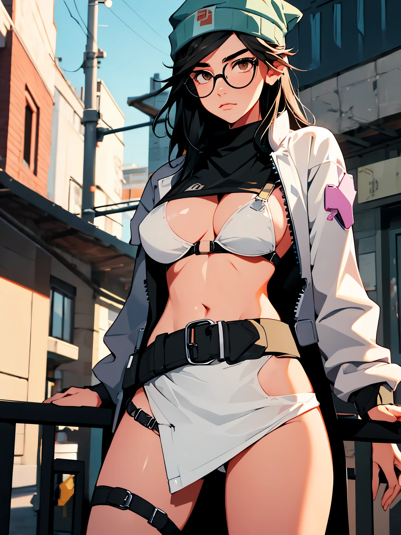 beanie,belt,big breasts,cybernetics,g-string,glasses,high tagia,jacket,micro bikini,revealing clothes,skimpy,visible breasts