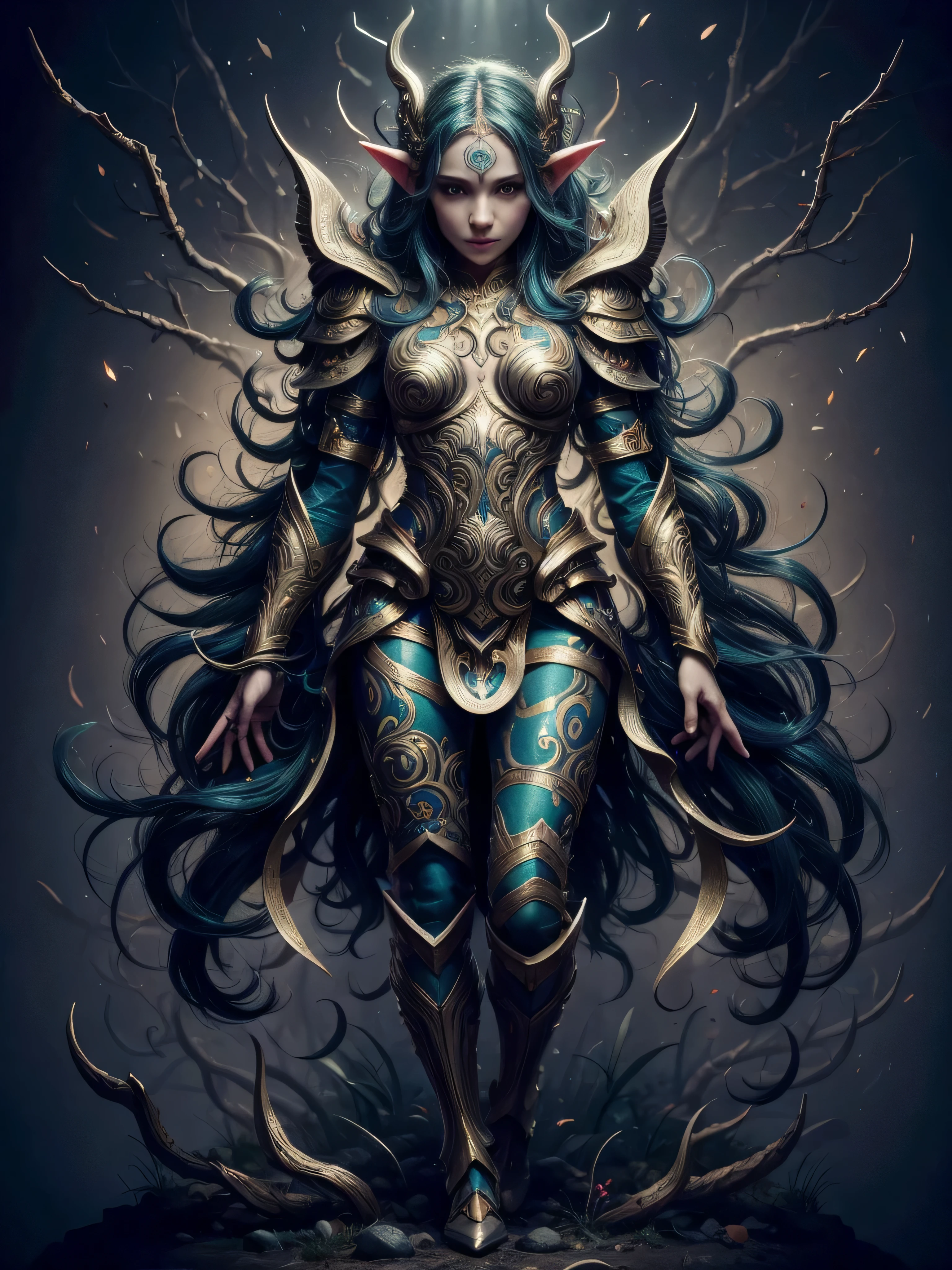 (Best quality, 4k, High-resolution, Masterpiece:1.2), Ultra-detailed, Realistic, Radiant lighting, Epoch Elves, Portraits, Fantastical colors, Fine art, Ethereal beings, Dreamlike, Whimsical creatures, Detailed facial features, Glowing eyes, Elven beauties, Ethereal glow, Mythical creatures, Harmonious composition, Dazzling colors, Stunning visual effects, Otherworldly appearance, Mesmerizing artistry, full body view, full body armour, metallic outfits