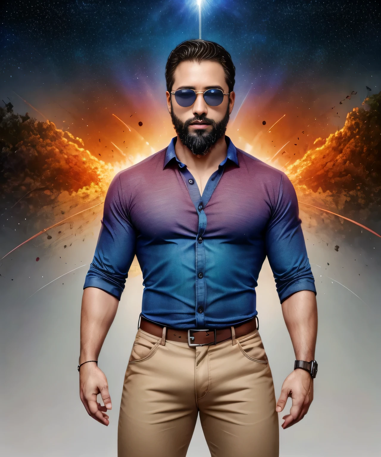 Obra maestra, desenfoque de campo, Parte superior del cuerpo, Hands in pants pockets, 38 year old man with beard and square sunglasses. Man wearing a shirt with a color gradient in the space movie with a solar  explosion in the background.