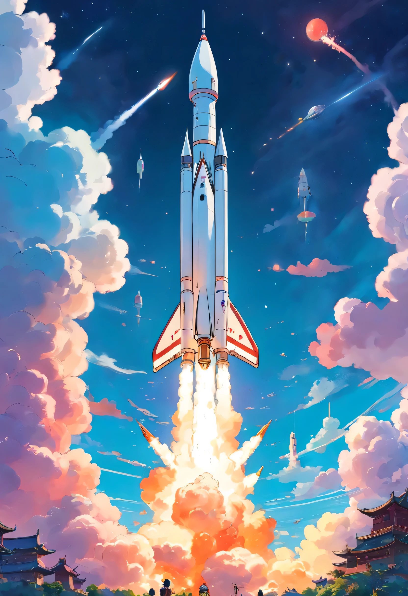 Chinese style，rocket launching into the sky，astronaut, space，guweiz style artwork, guweiz,4k comic illustration， cartoon