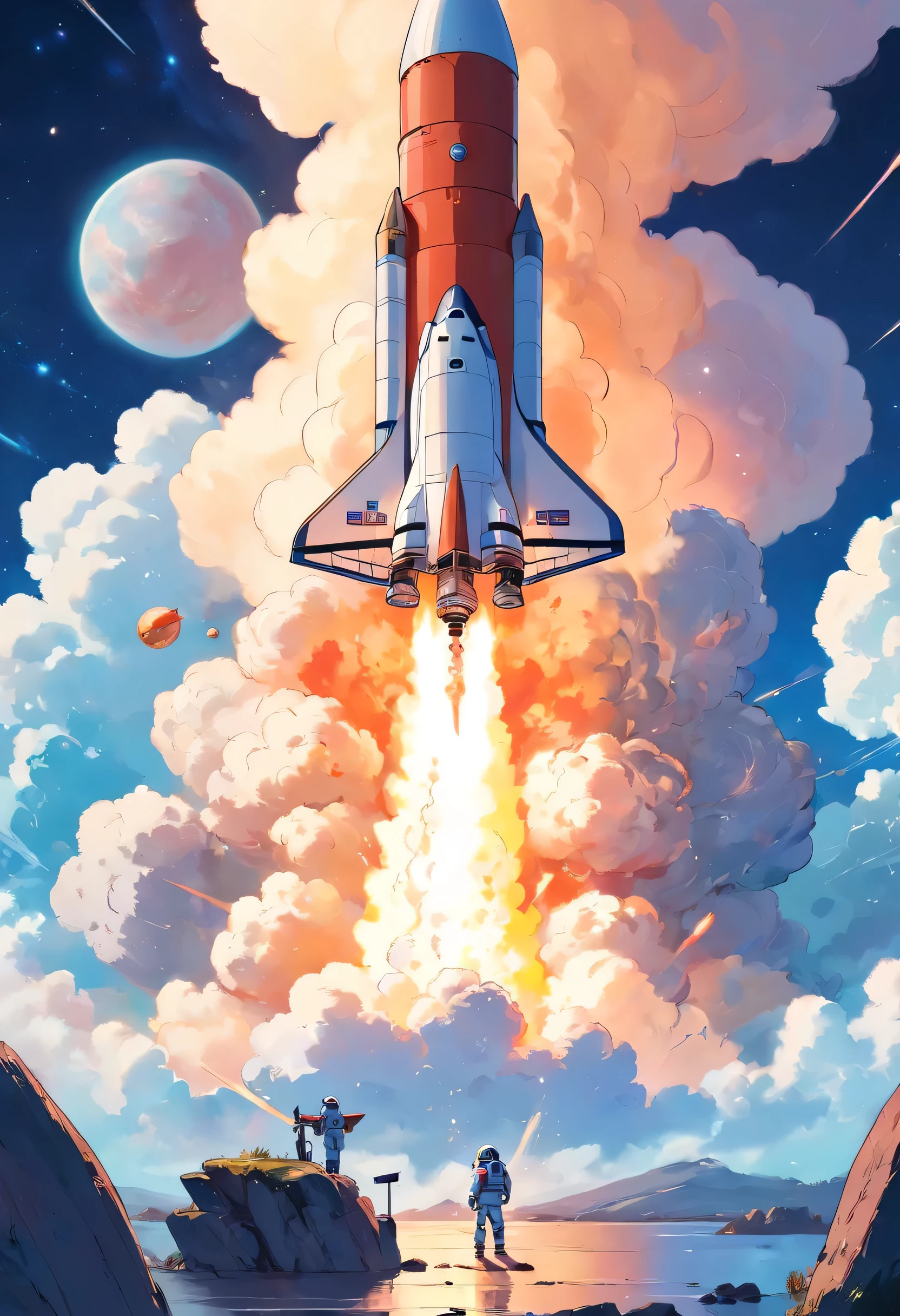 Chinese style,rocket launching into the sky,astronaut, space,guweiz style artwork, guweiz,4k comic illustration, cartoon