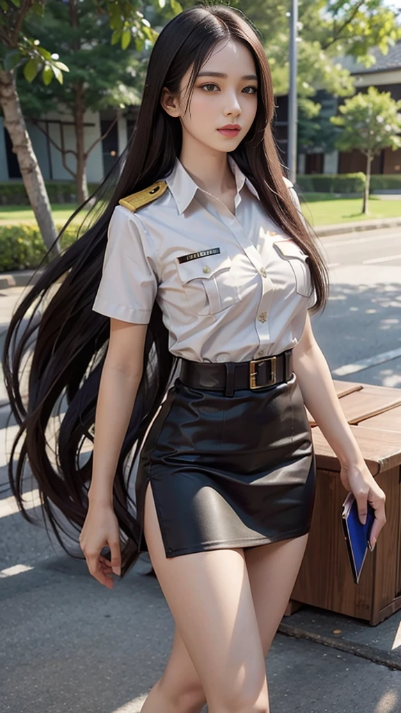 Khaki suit, khaki civil servant, Thai teacher uniform:1.3, Beautiful girl with extra long hair, Two meter long hair, Long hair that catches the eye, long black hair, Her hair is very long., Long, shiny hair, Long, thick, soft hair, Extra long hair, Dynamic posts, like full body, Short sleeve shirtสีกากี, short pencil skirtสีกากี, side cut, Decorated with military insignia., black high heels, The sexiest, small waist, hips raised, small thighs, Long legs, Huge breasts, Huge breasts:1.5, big breast, Very big breasts, Eye-catching breasts, A gigantic rift, Not completely covered, big breast, Huge breast, Big tits D, สาวTwo meter long hair, Beautiful face, red lips, Very shiny, แต่งBeautiful face, Military rank insignia, short pencil skirt, tight, ultra short skirt, very short skirt, Wear a miniskirt., Short sleeve shirt, tight fitting, in the background, blurred garden., holding a textbook,