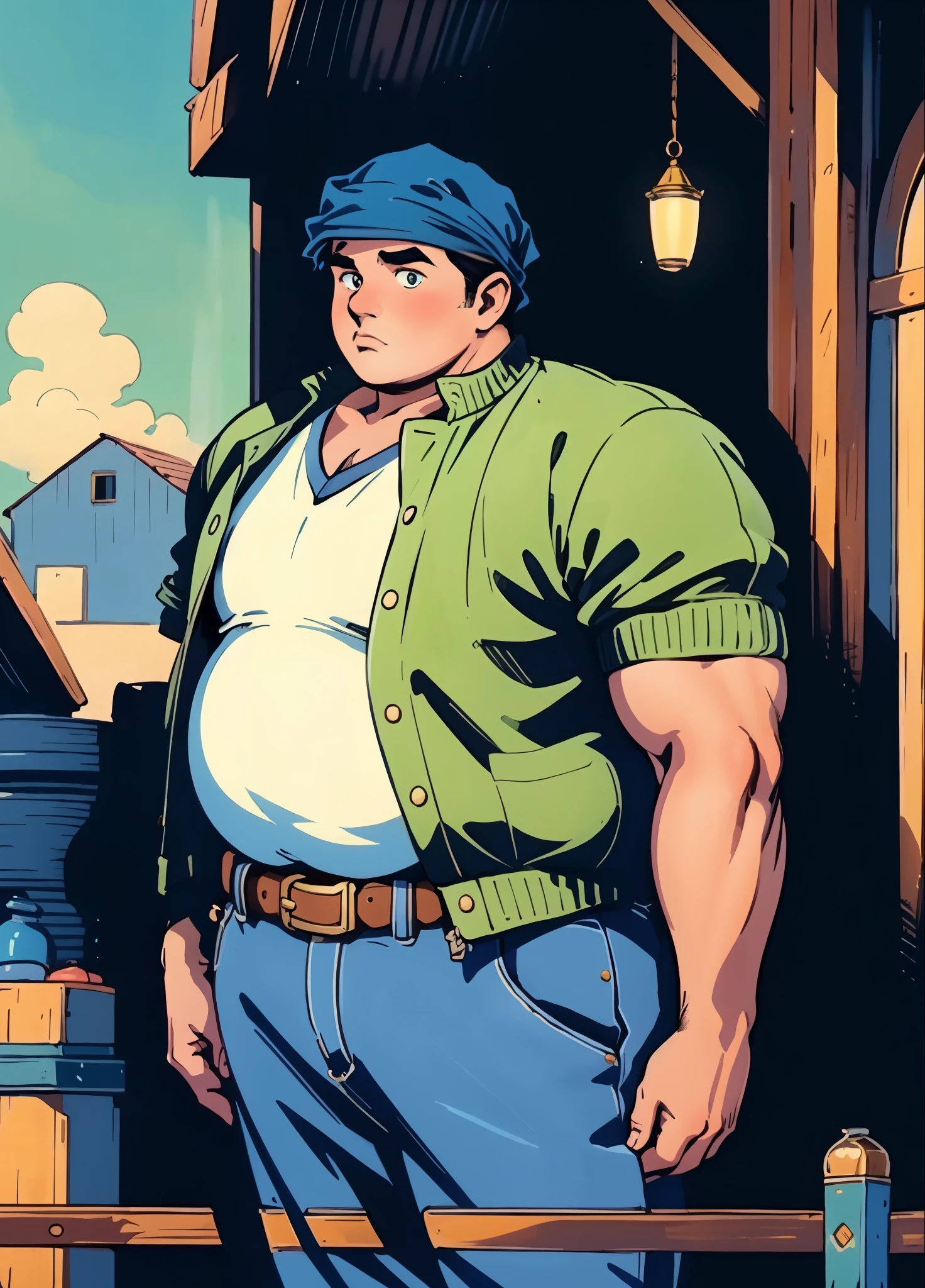 A man with short hair wrapped in a headscarf, side-parted bangs, determined large eyes, chubby cheeks, extremely robust physique, brown skin, dressed in an open fantasy-style shirt jacket with a V-neck undershirt, short sleeves, the jacket features small pockets, a cloth belt wraps around his waist, linen trousers, he stands sweating in the intense sunlight of a fantasy-style marketplace, this character embodies a finely crafted fantasy-style obese merchant in anime style, exquisite and mature manga art style, high definition, best quality, highres, ultra-detailed, ultra-fine painting, extremely delicate, professional, perfect body proportions, golden ratio, anatomically correct, symmetrical face, extremely detailed eyes and face, high quality eyes, creativity, RAW photo, UHD, 32k, Natural light, cinematic lighting, masterpiece-anatomy-perfect, masterpiece:1.5