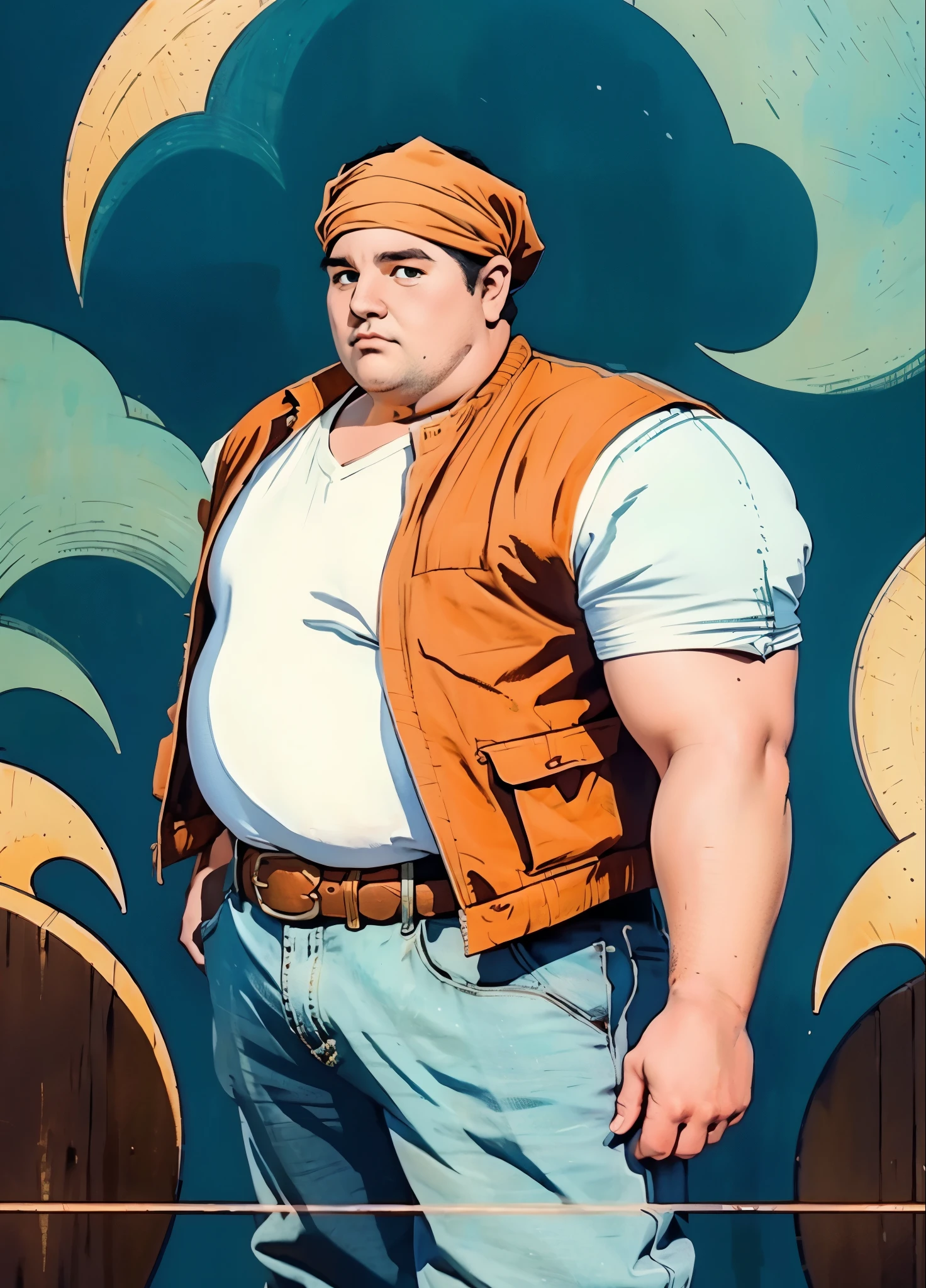 A man with short hair wrapped in a headscarf, side-parted bangs, determined large eyes, chubby cheeks, extremely robust physique, brown skin, dressed in an open fantasy-style shirt jacket with a V-neck undershirt, short sleeves, the jacket features small pockets, a cloth belt wraps around his waist, linen trousers, he stands sweating in the intense sunlight of a fantasy-style marketplace, this character embodies a finely crafted fantasy-style obese merchant in anime style, exquisite and mature manga art style, high definition, best quality, highres, ultra-detailed, ultra-fine painting, extremely delicate, professional, perfect body proportions, golden ratio, anatomically correct, symmetrical face, extremely detailed eyes and face, high quality eyes, creativity, RAW photo, UHD, 32k, Natural light, cinematic lighting, masterpiece-anatomy-perfect, masterpiece:1.5
