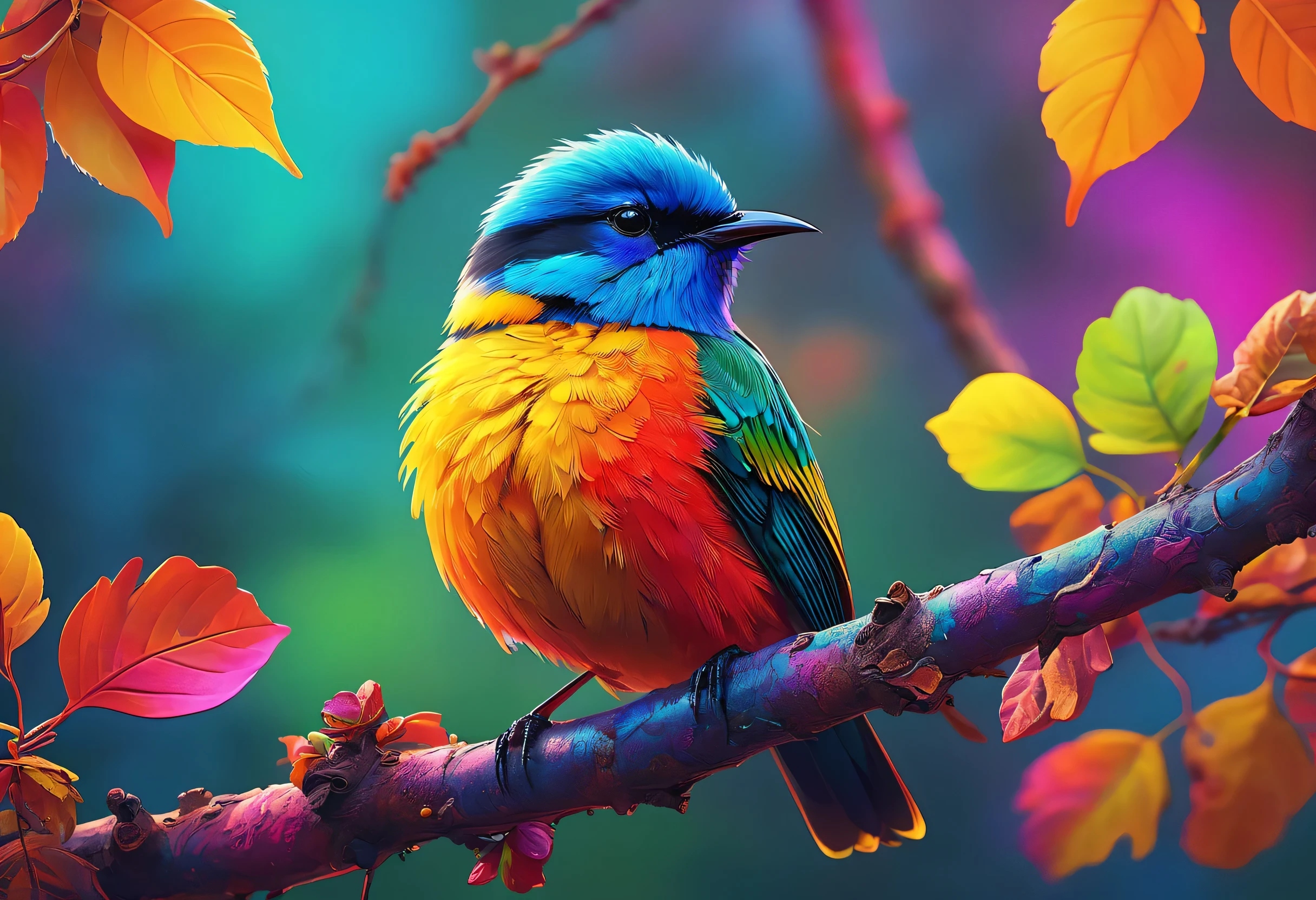 A brightly colored bird perched on a branch with leaves in the background, Digital painting inspired by Mike Winkelmann, shutter stock, digital art, Colorful 8 k, 4k highly detailed digital art, colorful hd images, vivid realistic colors, Long colorful bird, highly detailed digital paintings, beautiful and colorful, Beautiful digital painting, beautiful digital artwork