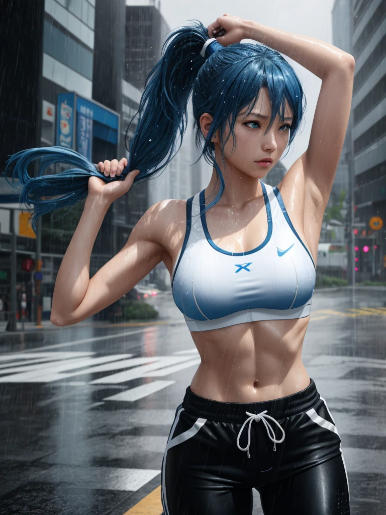 Akane, Blue hair, blue eyes, middle breasts, wet skin, white sports bra, raining, black sports pants, serious look, standing , city, realistic, 3d, cg, side view, ponytail, armpit, arm up