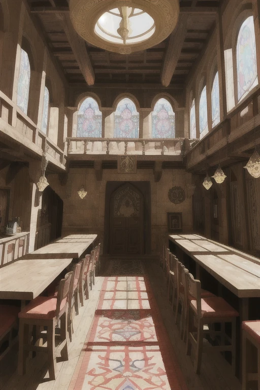 estilo zrpg, interior de taverna de fantasia medieval, colorful tapestries on the walls Game of Thrones Hogwarts morning sunlight shining through the windows Clutter-Home, (obra de arte:1.2) (Melhor qualidade) (detalhado) (intrincado) (8k) (HDR) (Papel de parede) (cinematic lighting) (sharp focus)