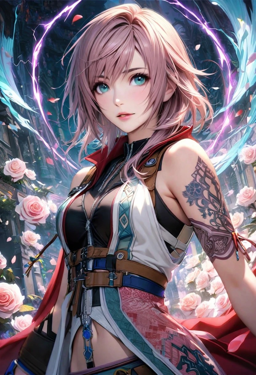 Ultra detailed, highres, absurdres, HDR, Claire Farron, wavy rose pink short hair, pale aqua eyes, Final Fantasy XIII, extremely beautiful, 1 woman only, white clothes with patterns, red cape, purple Lightning, flowers and petals,