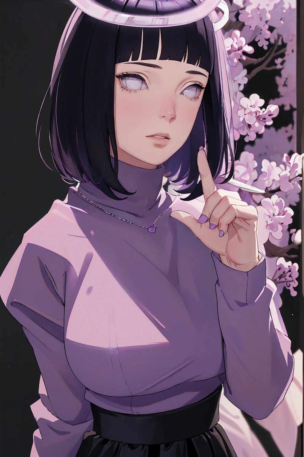 { - anatomy error} (Masterpiece - Ultra-detailed, very high resolution) (huge titusty, masterpiece, absurdres, hinata\(boruto\), 1girl, solo,mature female, lilac turtleneck blouse, black pant, perfect composition, detailed lips, big breast, beautiful face, body propotion, blush, (pink lips), short hair, (black hair), purple eyes, soft gaze, super realistic, detailed, photoshoot, realistic face and body, closed mouth , lilac eyes, upper body, hidden hands, perfect fingers, inocent face, portrait, , backwards, looking back, dynamic poses