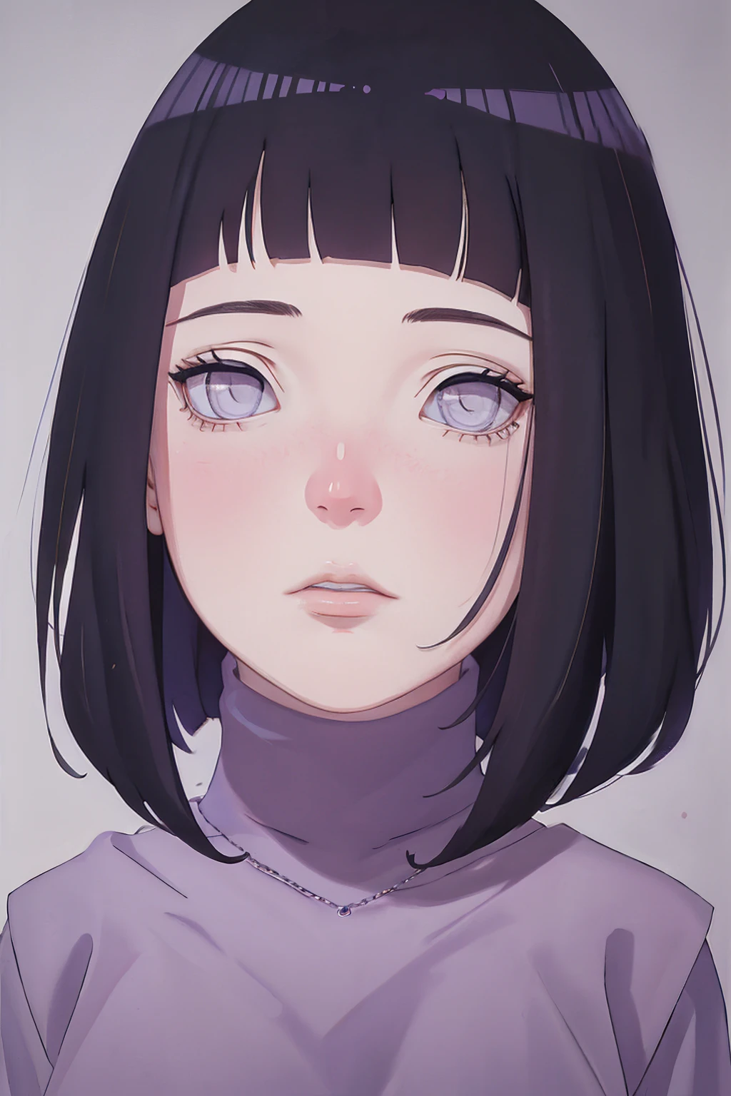 { - anatomy error} (Masterpiece - Ultra-detailed, very high resolution) (huge titusty, masterpiece, absurdres, hinata\(boruto\), 1girl, solo,mature female, lilac turtleneck blouse, black pant, perfect composition, detailed lips, big breast, beautiful face, body propotion, blush, (pink lips), short hair, (black hair), purple eyes, soft gaze, super realistic, detailed, photoshoot, realistic face and body, closed mouth , lilac eyes, upper body, hidden hands, perfect fingers, inocent face, portrait, , backwards, looking back, dynamic poses