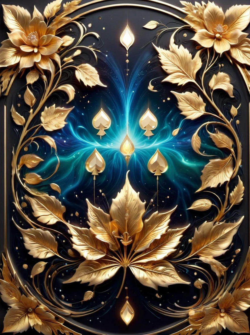 (Gold Leaf Art:1.5), Imagine an exquisite scene featuring a golden, glowing Ace poker card center stage, It's encapsulated by a series of glowing, square-shaped, golden frames, each radiating with a soft luster, This array of frames creates a rich, concentric border enhancing the card's presence, The backdrop enriches the composition further, it consists of a floral pattern of roses, The roses are elegantly detailed, their intricate petals unfurling to add a touch of romance to the scenario.