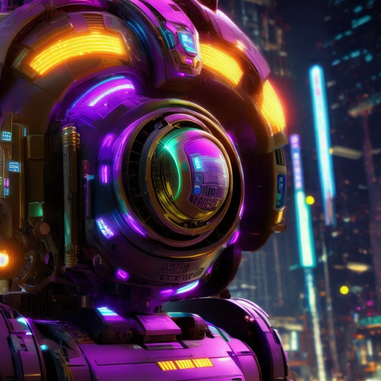 （（（Side view）））side close-up，a close up of a robot with a glowing head and a purple background, cyber mech, in style of beeple, cyberpunk pikachu, style hybrid mix of beeple, 3 d render beeple, cute elaborate epic robot, beeple masterpiece, cyberpunk art style, yellow mech, beeple!!, cyber steampunk 8 k 3 d（（（future）））（Telephoto angle of view）（Tilt-Shift）