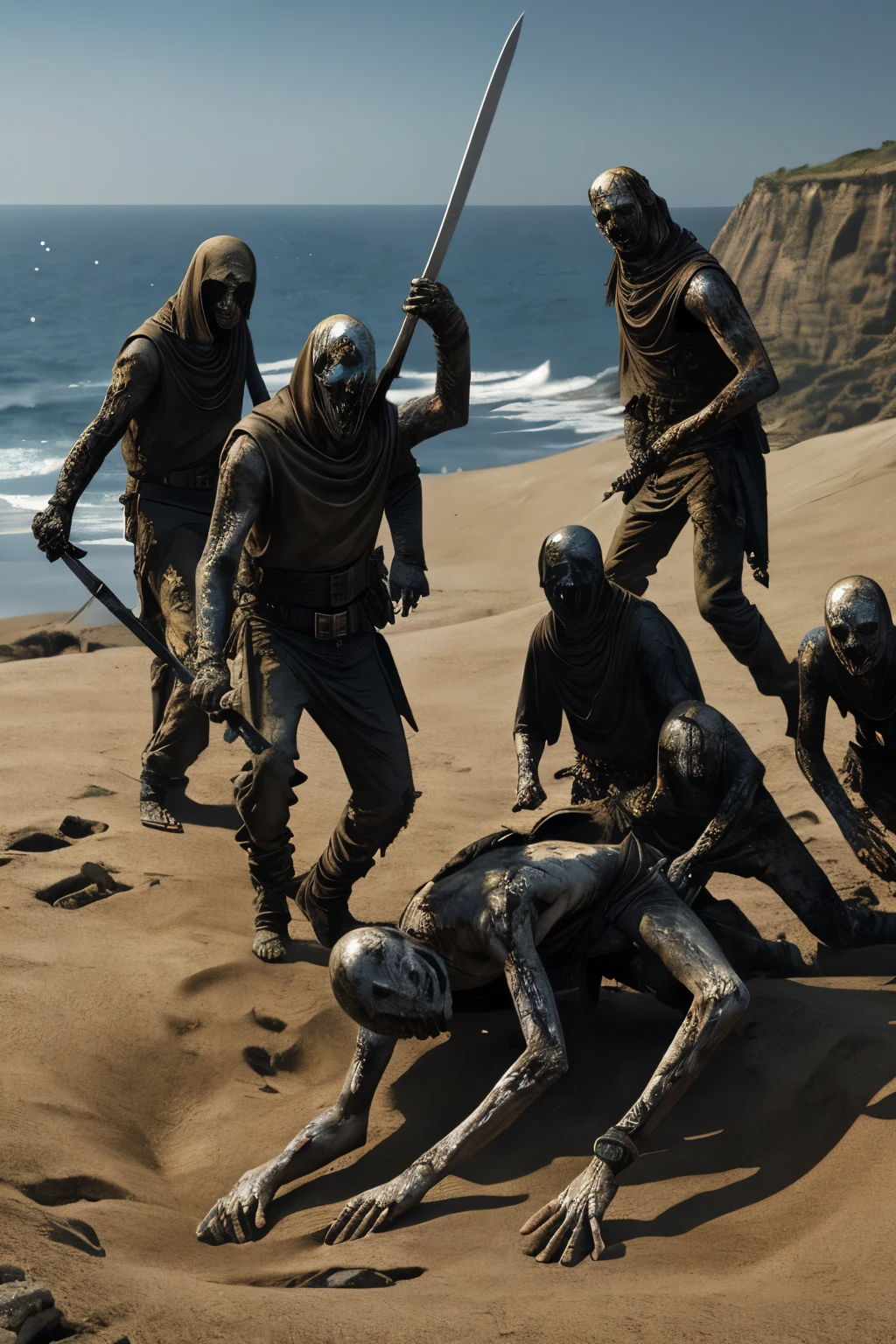 photoreal, 8 skelton-zombies, are brutal ninjas, long sword, shield, spier, on the top of sand cliff,