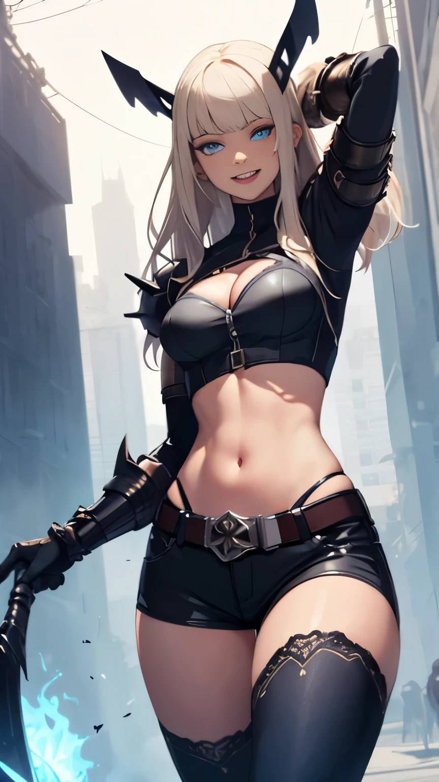 (Highly quality, masterpiece, detailed), soul city detailed scenario, soul city detailed background, 1girl, Magik, midriff, thigh highs, gloves, short shorts, cleavage, evil smile, armored, glowing blue eyes, navel, perfect face, beautiful eyes, looking at the viewer, Sexy pose