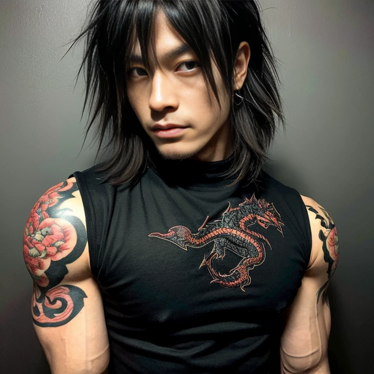 1 man, Japanese man, male, Asian eyes, muscular, broad shoulders, dragon tattoos, hairstyle Visual Kei style, hair Visual Kei, black men's shirt and black pants, ultra detailed face and eyes, hyperrealistic, realistic representation, long hair, long hair, 30 years old, age 30 years, blond, blonde hair