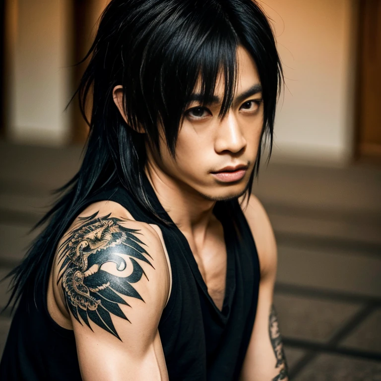 1 man, Japanese man, male, Asian eyes, muscular, broad shoulders, dragon tattoos, hairstyle Visual Kei style, hair Visual Kei, black men's shirt and black pants, ultra detailed face and eyes, hyperrealistic, realistic representation, long hair, long hair, 30 years old, age 30 years, blond, blonde hair