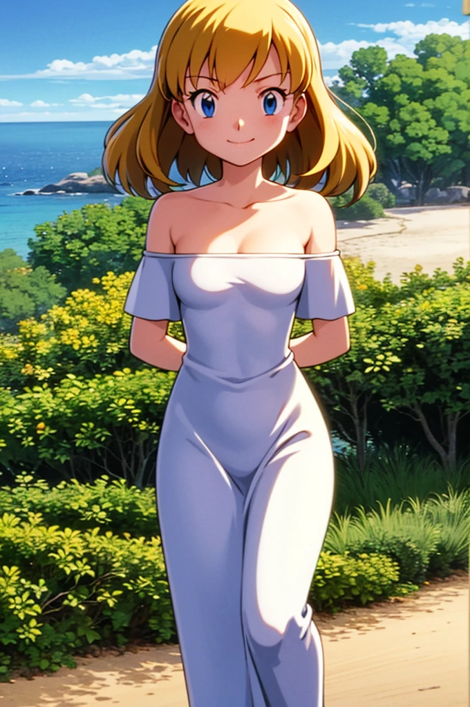 pokemovies, sugimori ken, ken sugimori ken \(style\), anime screencap, masterpiece, best quality, highres, outdoors, small breasts, 1 girl, Solo, Blue Eyes, Beautiful Detail Eyes, Blonde Medium Hair, Short Hair, Bangs, Good hands are down, Smile, Blushing, Bare Neck, Bare Shoulders, strapless, White Ruffle Off-the-Shoulder maxi dress. Cowboy shot. A landscape of the beach, blue skies, sand beach, ocean waves. In the center. Walking on the beach with bare feets. Far from the bottom, looking at viewers