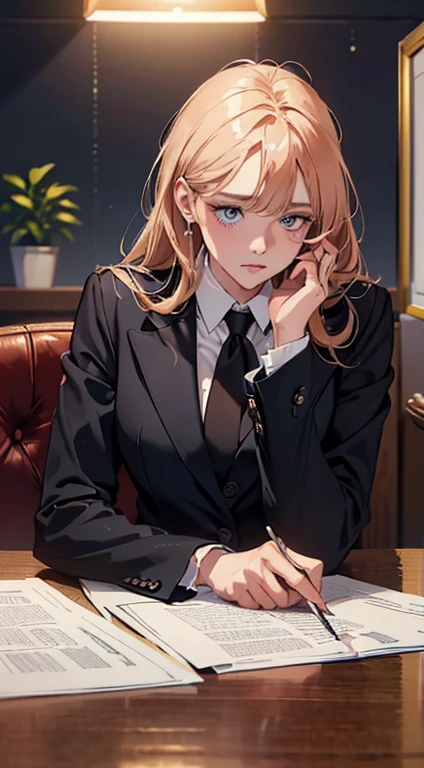 (masterpiece, digital art, digital illustration, 4K, 8K, ultra-detailed, beautiful image, sharp image, photorealistic, RAW photo, perfect face, perfect lines, perfect eyes, soft lighting) 1 woman, secretary, bowing in greeting to the boss, 1 handsome man in suit, office scene at night
