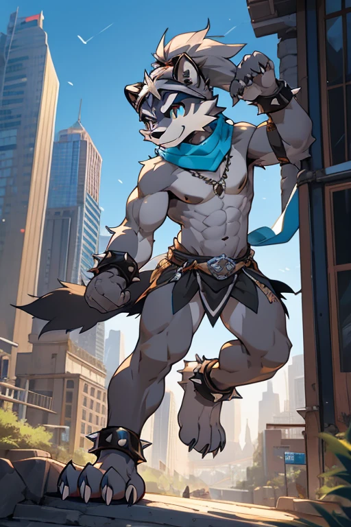 Furry, teenager, raccoon, grey hair, long spiked ponytail, Detailed body fur, long blue scarf, Black loincloth, goggles, masterpiece, gray body hair, Detailed face, big eyebrows, detailed eyes, Detailed body, No muscles, city skyline, Detailed hands, Flat body, glistening body, Skinny, Claws have three toes, Detailed paws, metal cuffs on wrists, metal cuffs on ankles,