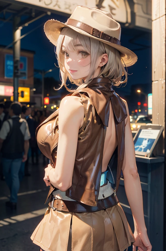 a 20 year old woman、a blonde、A big smile、turn around、(High top fade in and out:1.3)、dark theme、mute、pastel colors、high contrast、(natural skin texture、Surrealism、soft light、sharp)、＜Tips for quality improvement＞
＜Character appearance、背景及Other tips＞
rest (Beige and brown theme:1.4), (ten gallon hat:1.5), (apparel (Beige leather vest with open back) white vest:1.5), ((sleeveless, bare shoulders, split):1.3), (Beige fringed mini skirt:1.4),
rest (white liner:1.2), (Check denim scarf:1.2), (Silver Oval Belt Buckle:1.3), (Western boots with spurs:1.1), (Holster on belt:1.3), (Brown leather gloves:1.2),
＜lack of expressiveness、Illuminated、Other tips＞，tattoo，Beautiful breasts、huge breasts:1.4，plump breasts,