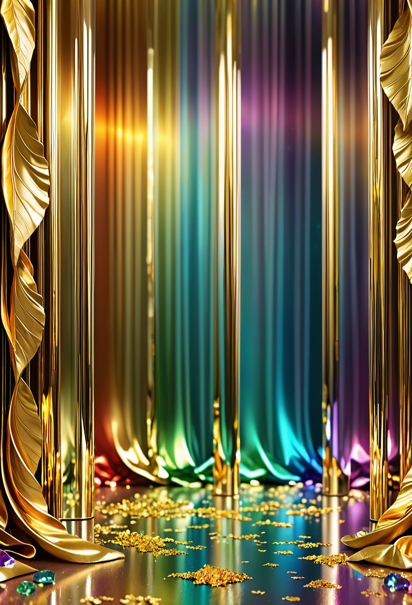 best quality, super fine, 16k, RAW photo, photorealistic, incredibly absurdres, extremely detailed, delicate, flashy and dynamic depiction, the translucent gemstone pillars, the iridescent rainbow-colored light reflecting off the screen, and the (gold leaf:1.3) curtains hanging from them swaying in the wind, wind, wind-effect, (motion-blur:1.5), blend art, mixture art, design art