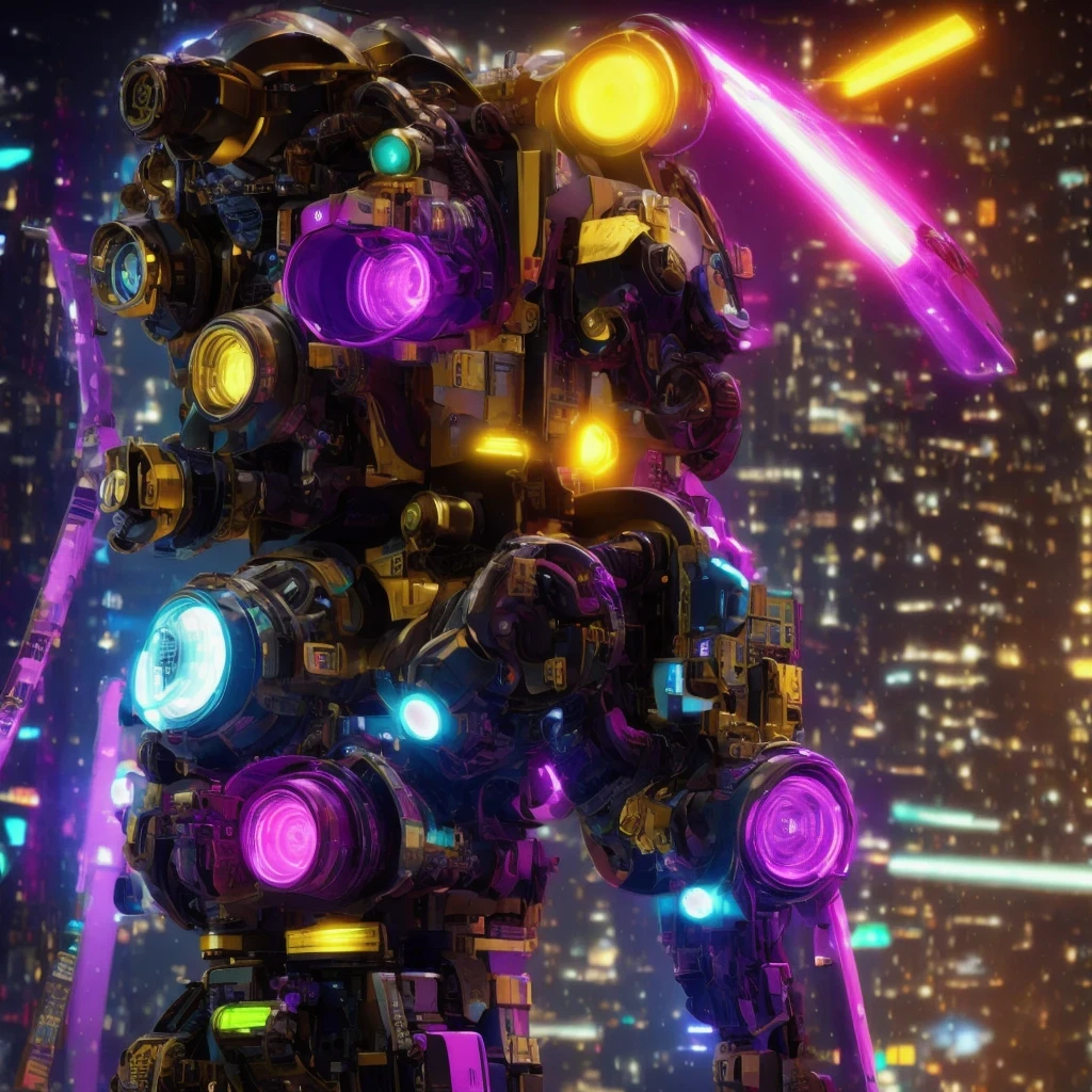 （（（Side view）））side close-up，a close up of a robot with a glowing head and a purple background, cyber mech, in style of beeple, cyberpunk pikachu, style hybrid mix of beeple, 3 d render beeple, cute elaborate epic robot, beeple masterpiece, cyberpunk art style, yellow mech, beeple!!, cyber steampunk 8 k 3 d（（（future）））（Telephoto angle of view）（Tilt-Shift）