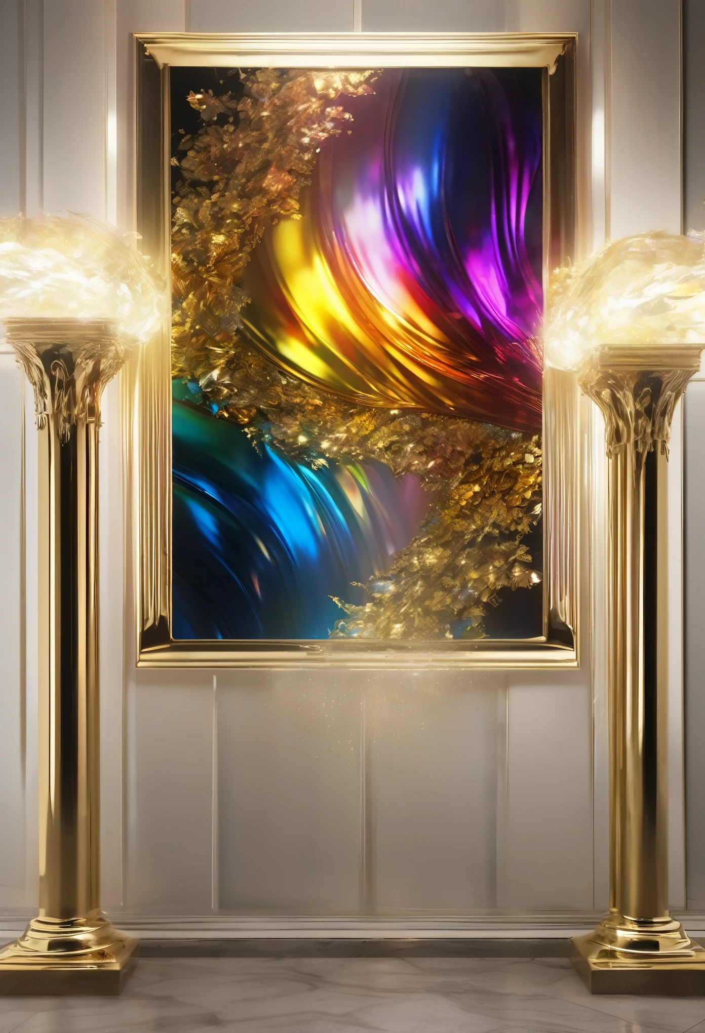 best quality, super fine, 16k, RAW photo, photorealistic, incredibly absurdres, extremely detailed, delicate, flashy and dynamic depiction, the translucent gemstone pillars, the iridescent rainbow-colored light reflecting off the screen, and the (gold leaf:1.3) curtains hanging from them swaying in the wind, wind, wind-effect, (motion-blur:1.5), blend art, mixture art, design art